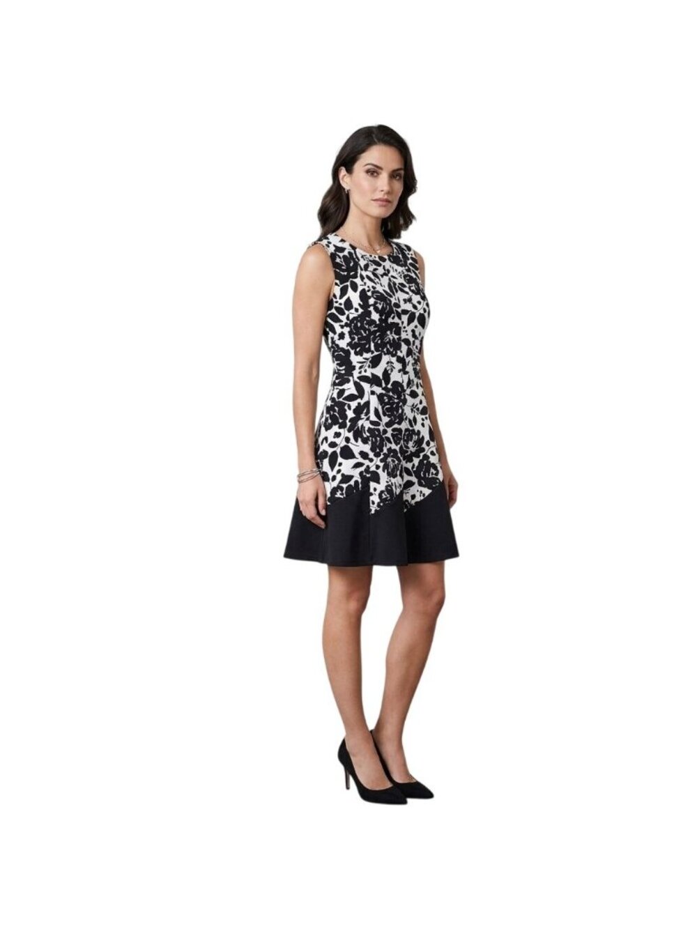 Enfocus Studio Dress Size 8 Floral Print Sleeveless Black White Fit Flare